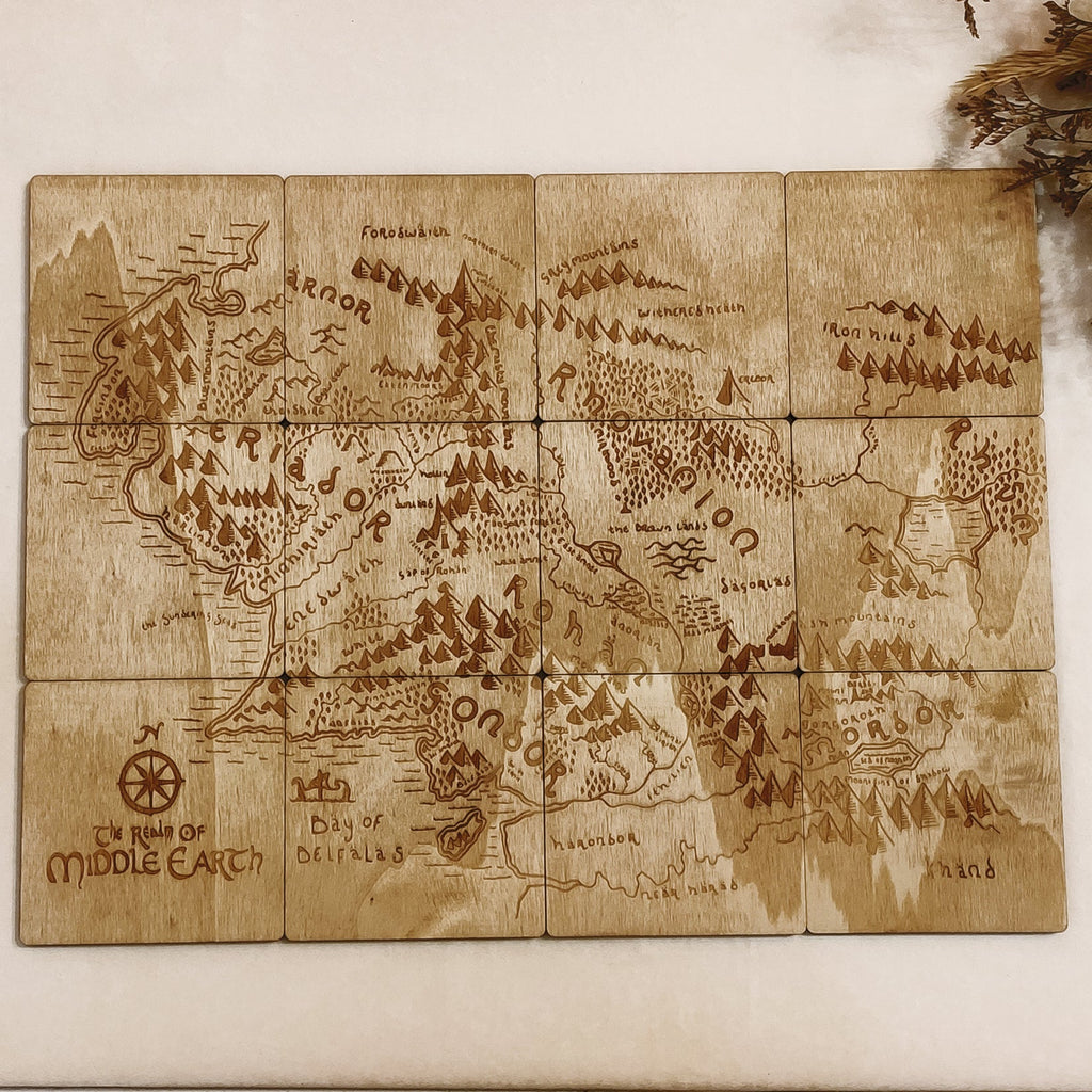 Set of 12 Middle Earth Map Wooden Coasters - Lord of The Rings