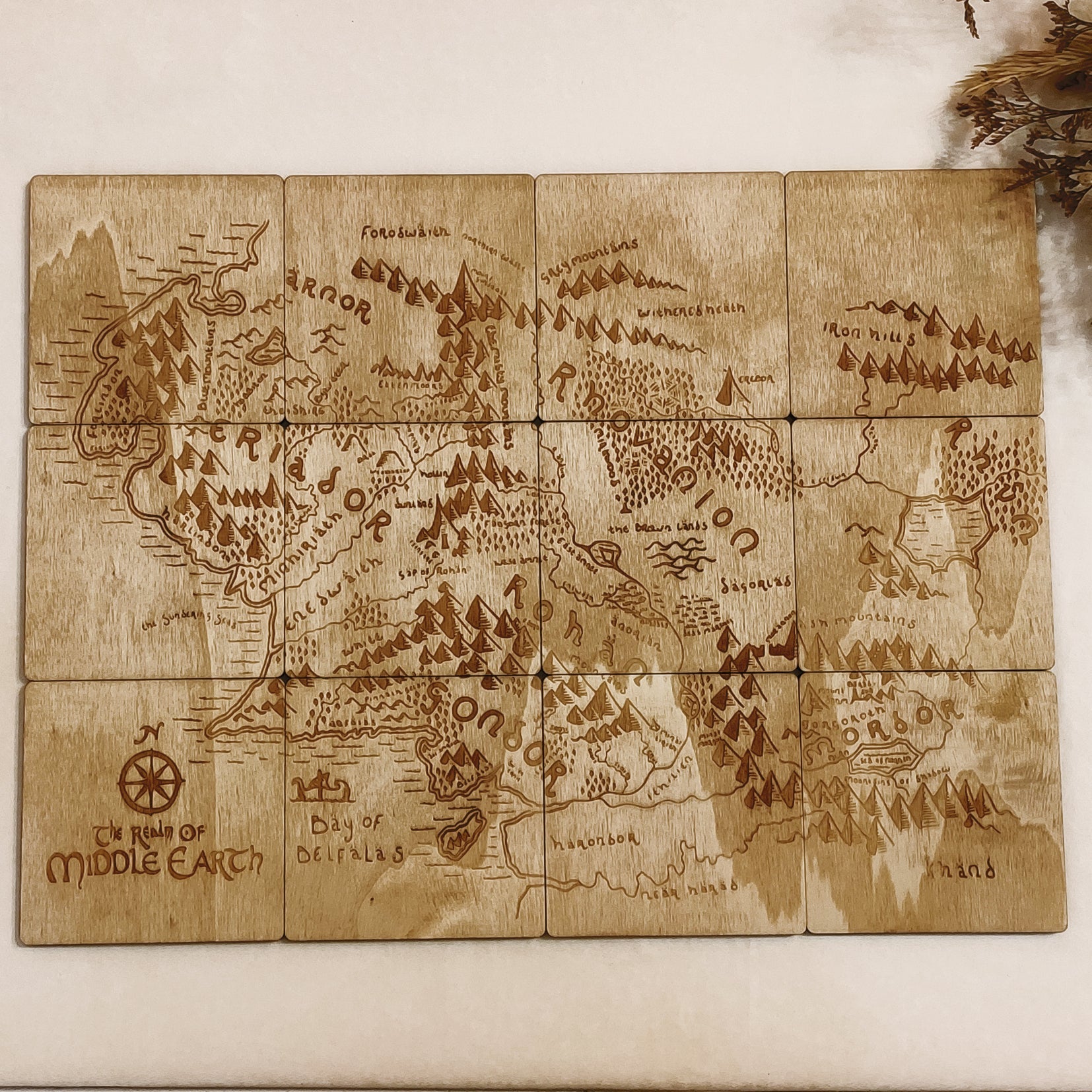 Set of 12 Middle Earth Map Wooden Coasters - Lord of The Rings