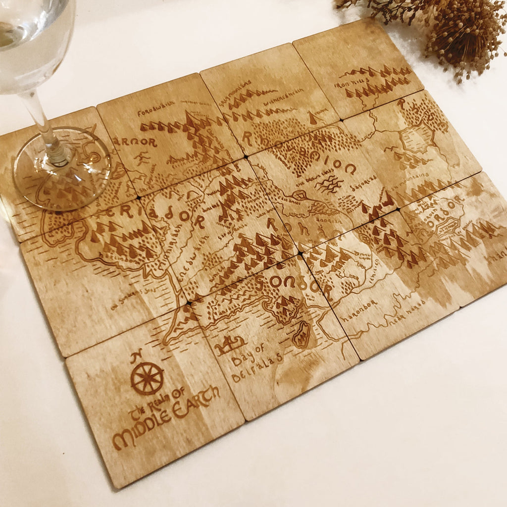 Set of 12 Middle Earth Map Wooden Coasters - Lord of The Rings