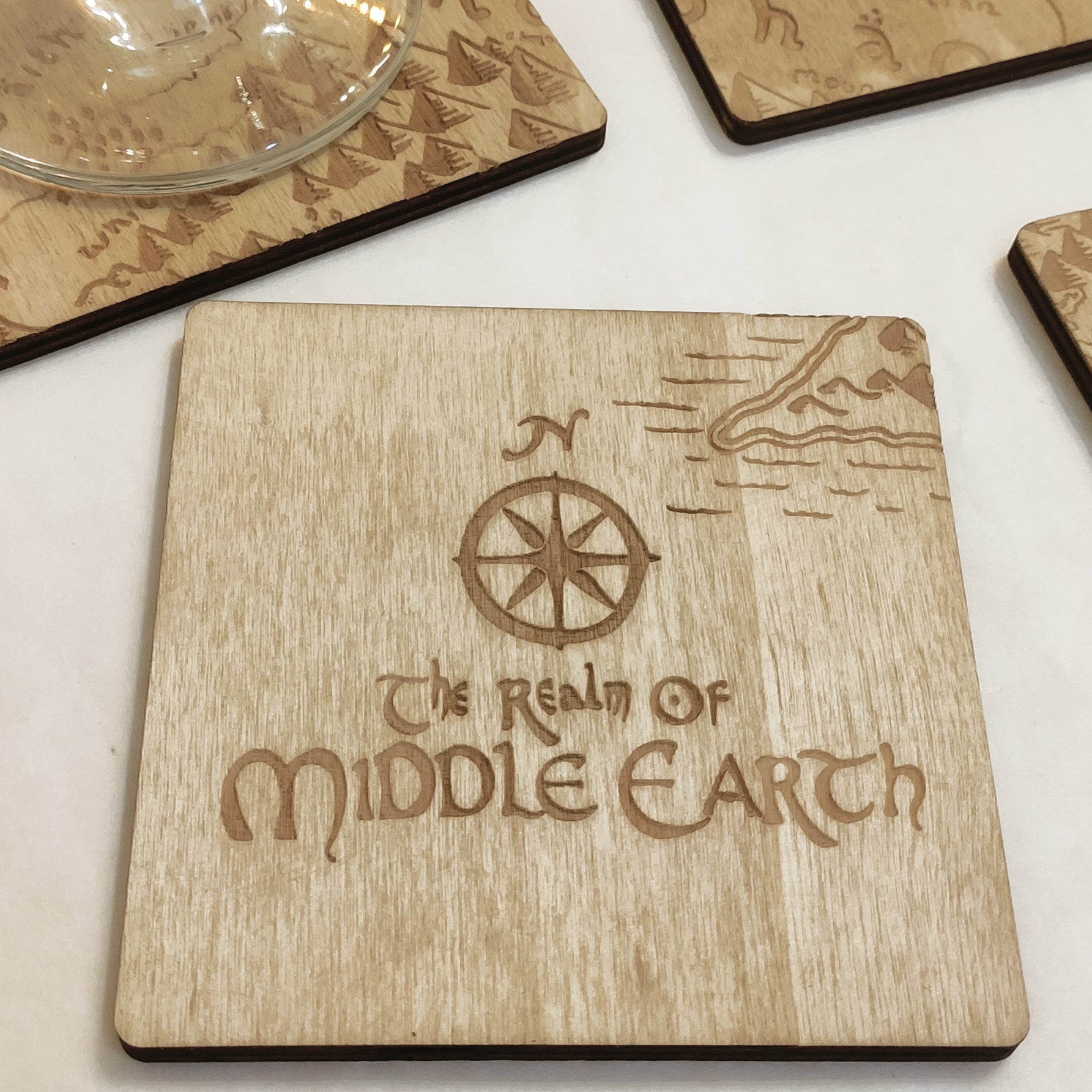 Set of 12 Middle Earth Map Wooden Coasters - Lord of The Rings