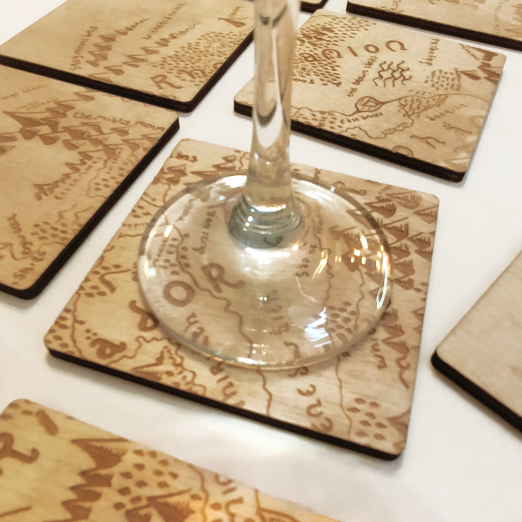 Set of 12 Middle Earth Map Wooden Coasters - Lord of The Rings