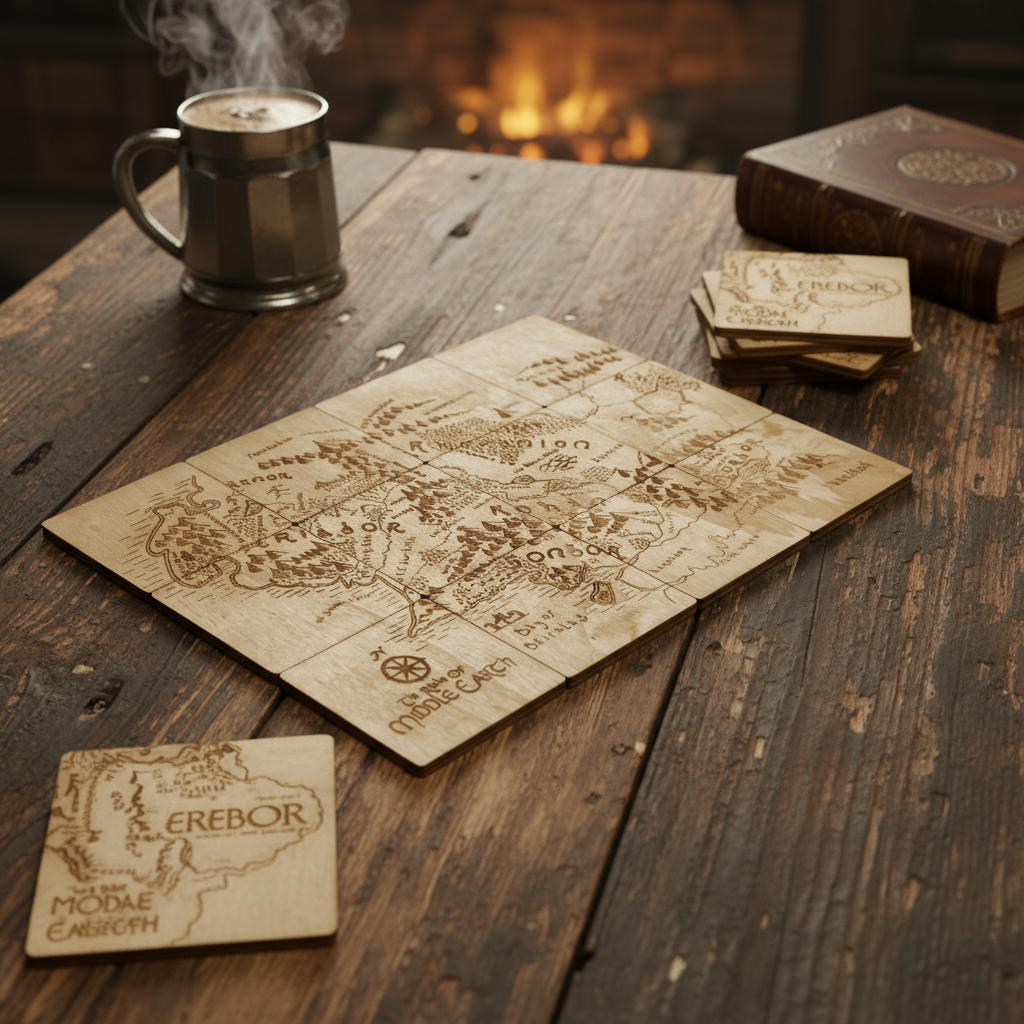 Set of 12 Middle Earth Map Wooden Coasters square-shaped in fantasy setting